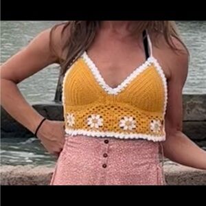 Yellow Crochet Halter Top with White Trim
